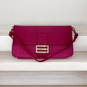 Italian Leather and Raffia Clutch in Fuchsia